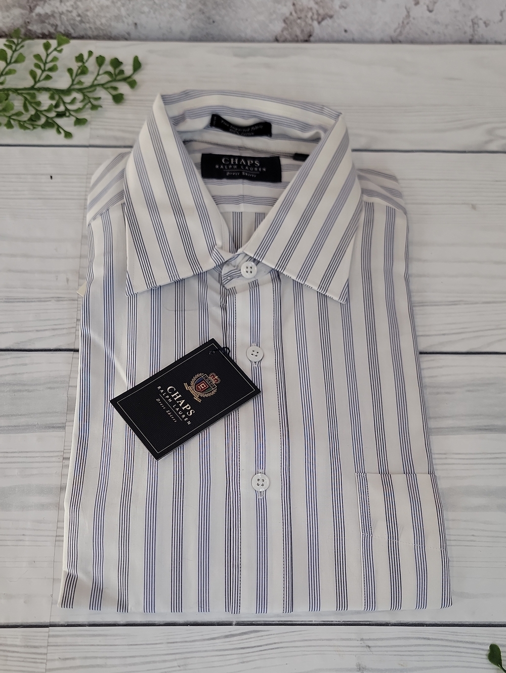 Ralph Lauren (Chaps) White Dress Shirt with Navy Pinstripes Mens Size 15.5  NWT